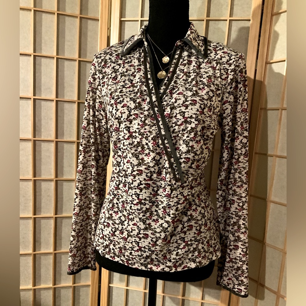 NINE WEST separates- brown/cream/wine pullover shirt collar top. Sz L